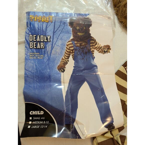 Spirit Halloween Deadly Bear Kids Costume L 12–14 Mask Gloves Overalls Shirt - Picture 2 of 9